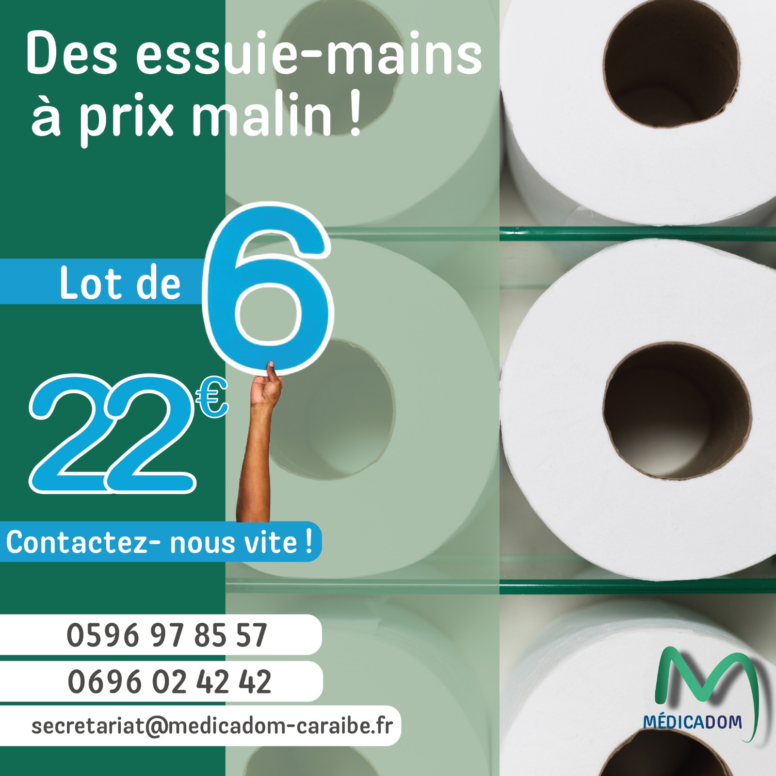 Lot de 6 Maxi Bobines Essuie-Mains Professionnels de santé et particuliers, profitez de notre offre spéciale sur le lot de 6 maxi bobines essuie-mains à seulement 22€ ! Parfait pour maintenir l'hygiène chez vous ou dans vos établissements 